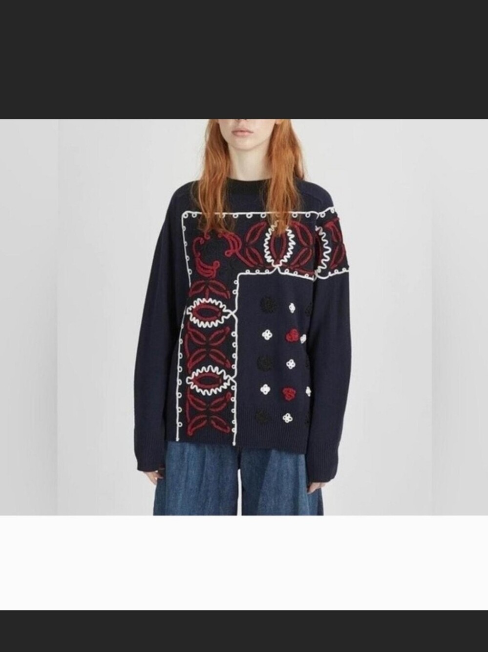 Sacai Navy Crewneck Sweater with Red & White Embroidered Motifs